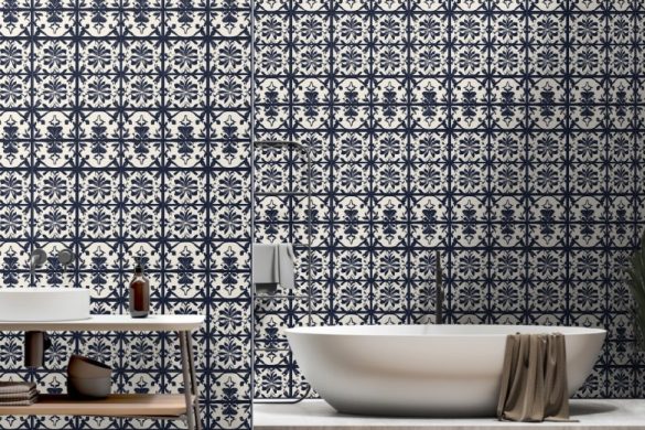 Midnight Bloom Tiles peel and stick wallpaper for bathroom Midnight Bloom Tiles peel and stick wallpaper for bathroom