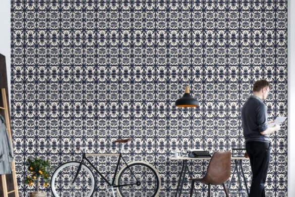 Midnight Bloom Tiles peel and stick wallpaper living room Midnight Bloom Tiles peel and stick wallpaper living room