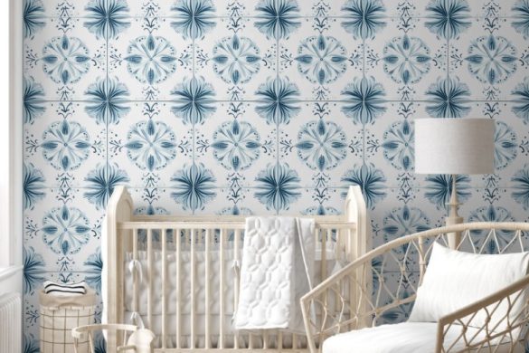 Nursery Peel & Stick Wallpaper coastal Soft Teal Blossom Medley