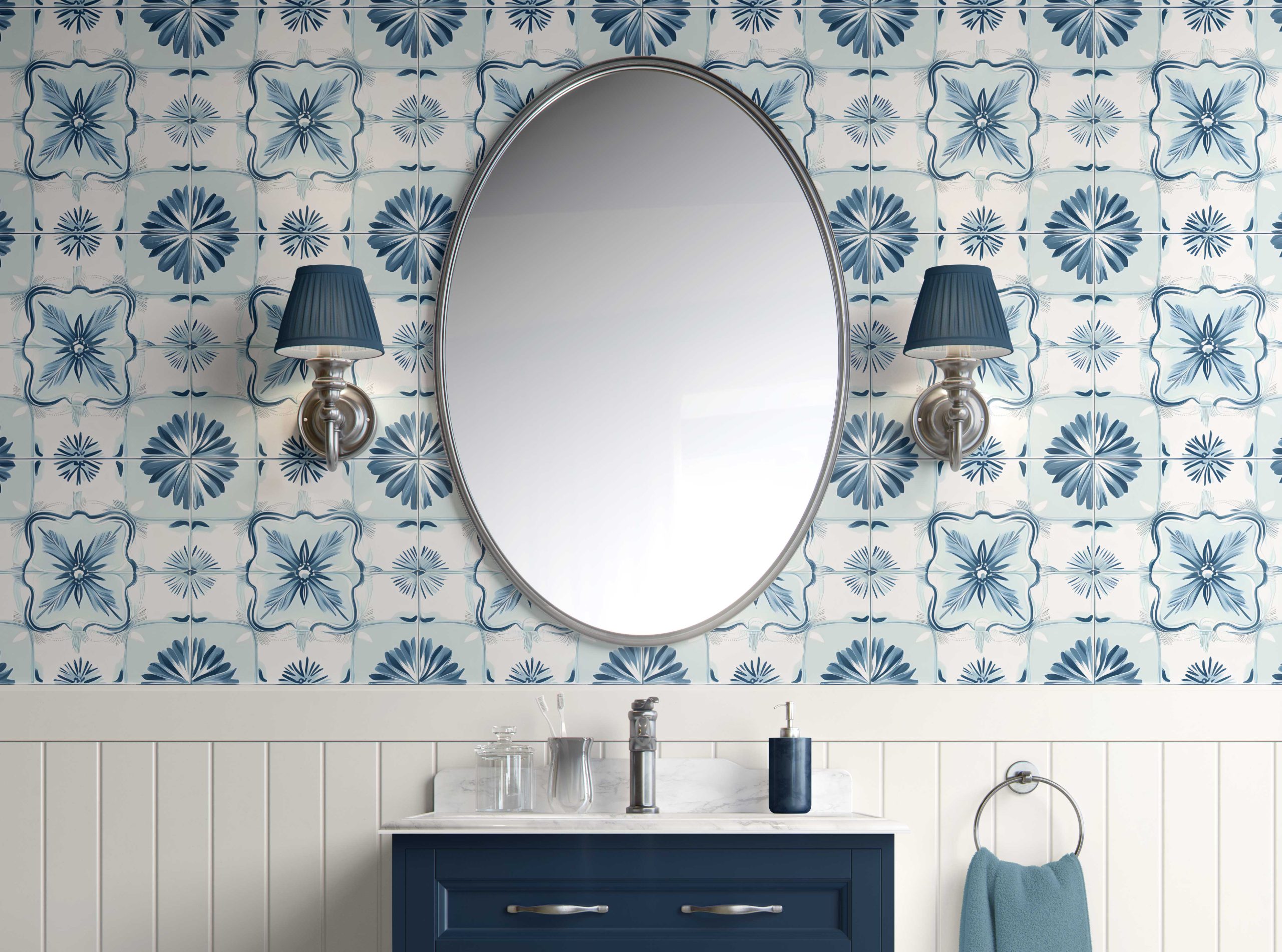 Peel and stick wallpaper bathroom Ocean Harmony Tiles