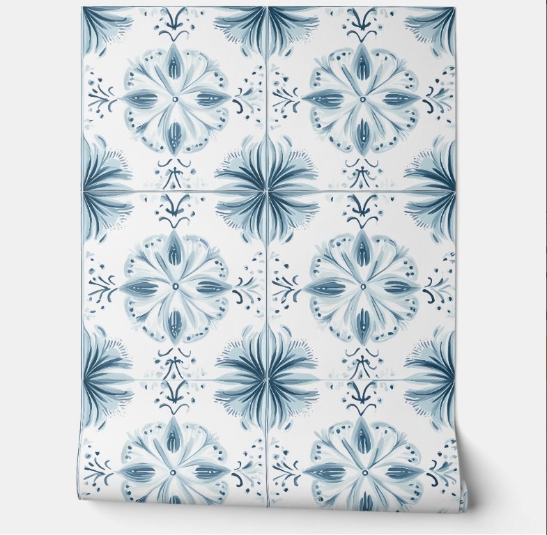 Soft Teal Blossom Medley coastal peel & stick wallpaper