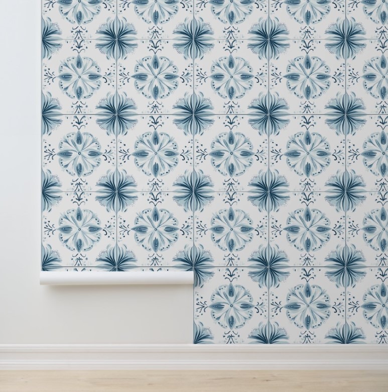 Soft Teal Blossom Medley peel and stick wallpaper