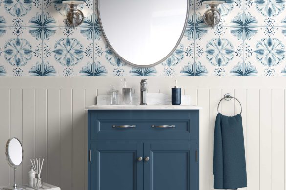 Soft teal blossom medley bathroom cabinet coastal wallpaper ideas