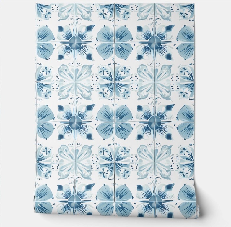 Tiled Ocean Bloom peel and stick wallpaper teal