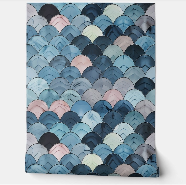 OCEANIC SCALES – BLUE, PINK, GRAY – COASTAL PEEL AND STICK WALLPAPER