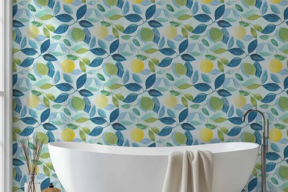 peel and stick wallpaper for bathroom-LEMON GROVE BLISS – BLUE, GREEN, YELLOW
