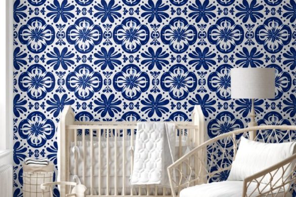 Mediterranean Blue Flourish Nursery peel and stick wallpaper