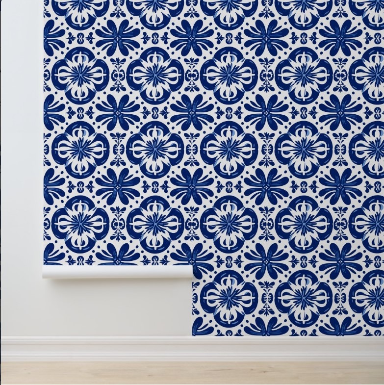 Mediterranean Blue Flourish best peel and stick wallpaper