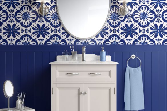 Mediterranean Blue Flourish peel and stick wallpaper bathroom