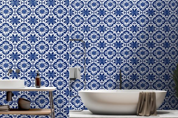 Mediterranean Blue Flourish peel & stick wallpaper for bathroom
