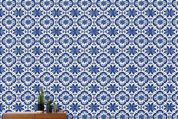 Mediterranean Blue Flourish peel & stick wallpaper renter friendly