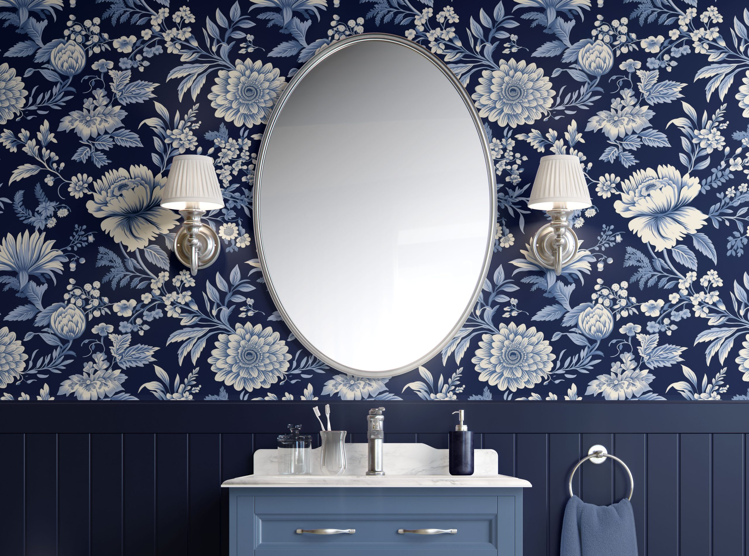 Midnight Blossom-Blue peel and stick wallpaper Floral