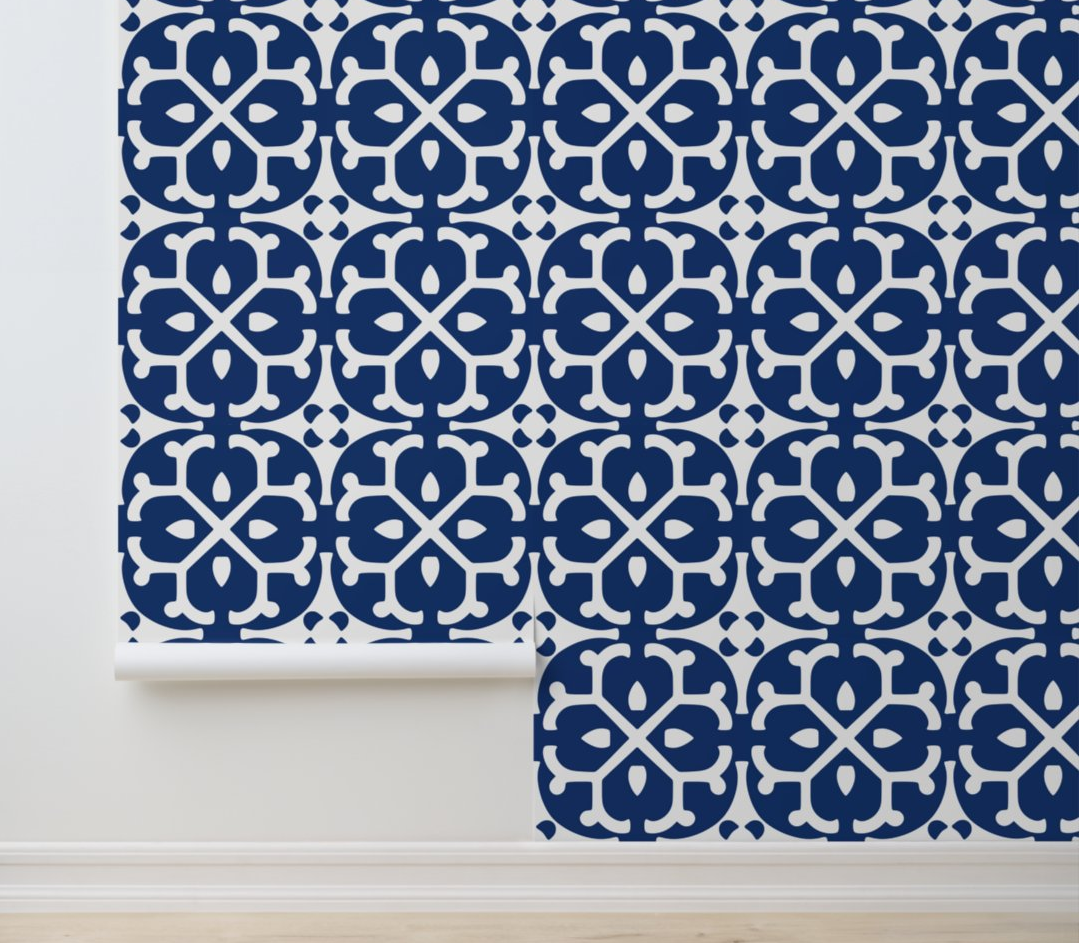 Azure Blossom Tiles - Navy and White - Eclectic Peel and Stick Wallpaper