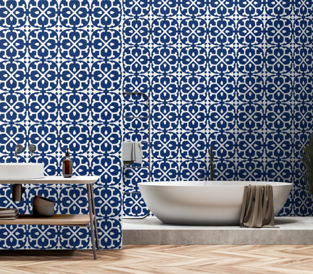 Azure Blossom Tiles - Navy and White - Eclectic Peel and Stick Wallpaper