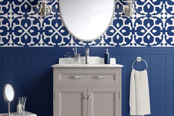 Azure Blossom Tiles-geometric peel and stick wallpaper-bathroom Azure Blossom Tiles-geometric peel and stick wallpaper-bathroom