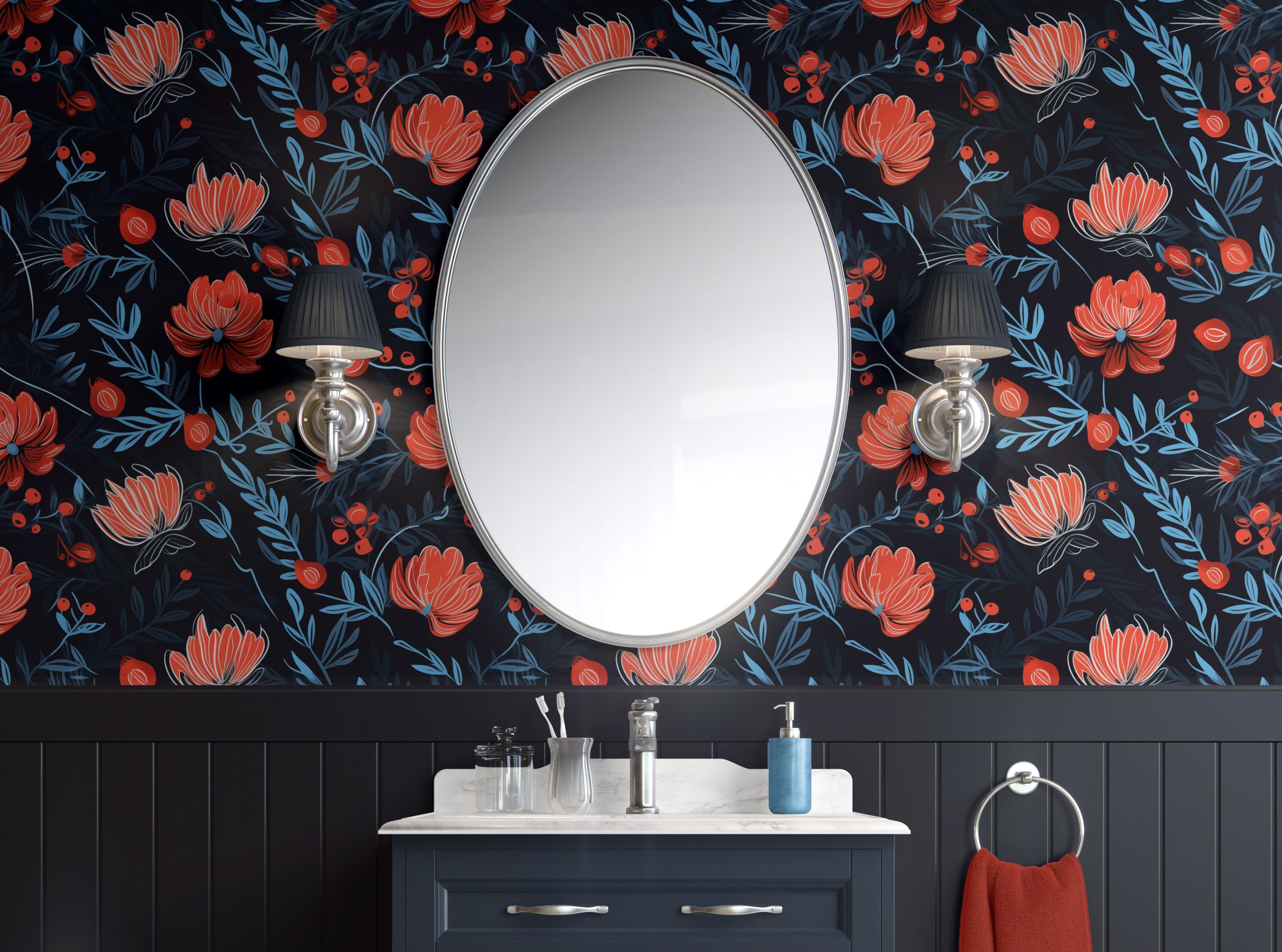 Midnight Berry Blooms-best peel & stick wallpaper-Bathroom