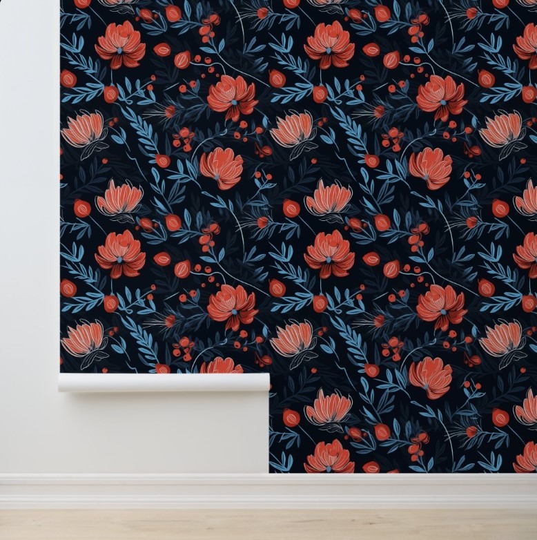 Midnight Berry Blooms-easy removable wallpaper