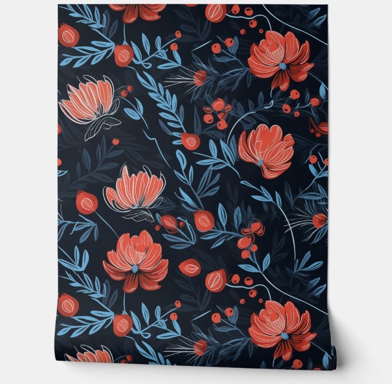 Midnight Berry Blooms removable wallpaper floral